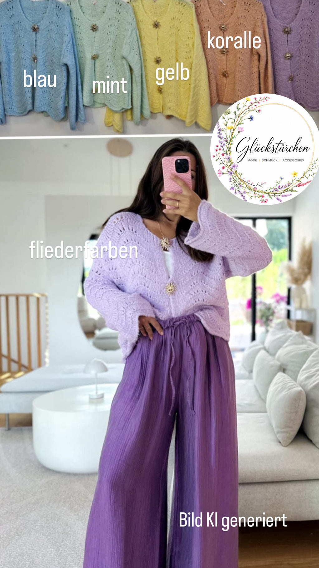 Strickjacke flieder blau mint weich mit Broschen Knöpfen